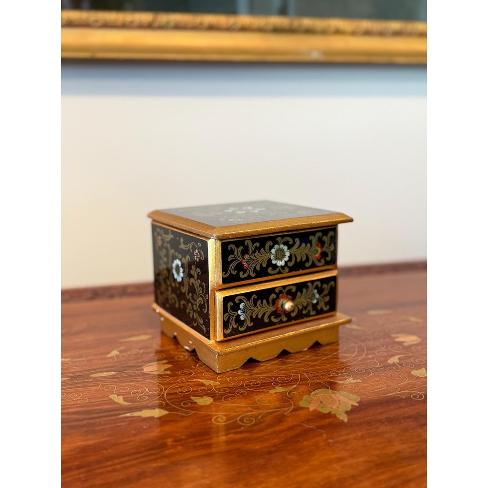 Vintage Reverse Painted Glass Jewelry Box with Mirror & Drawer